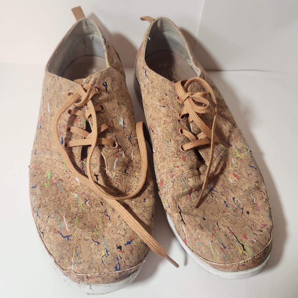 TOMS Paseo‎ Cork Paint Splatter Lace Up Sneakers Mens 12 Tan Multi Color Low Top
